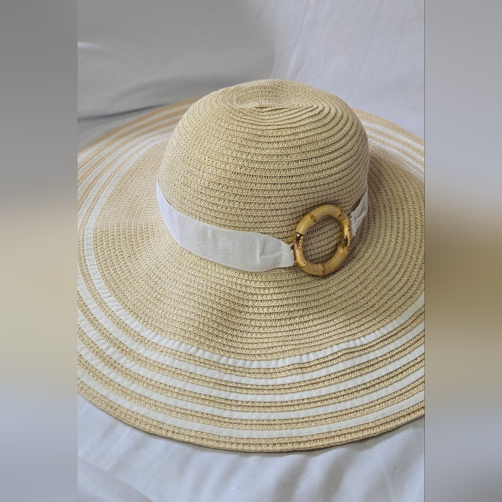 Lauren Ralph Lauren Wide Brim Floppy Straw Summer Hat Tan/White Stripe Gold M